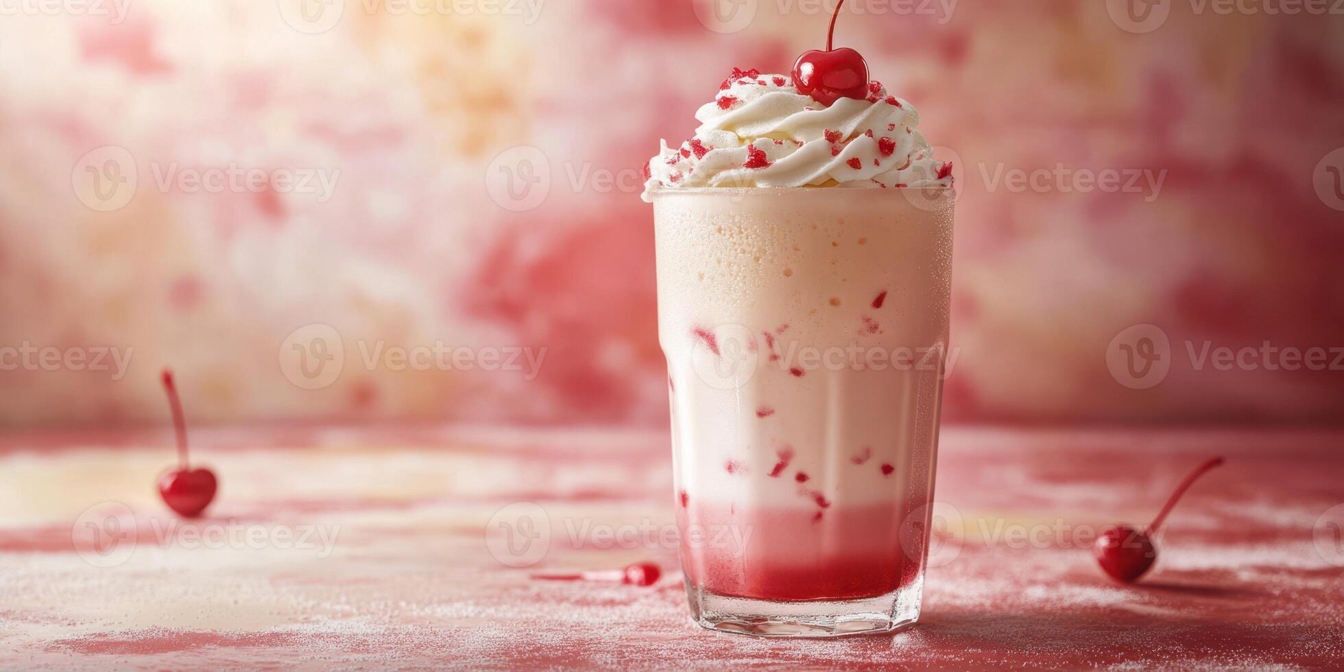 Refreshing cherry milkshake topped with whipped cream and sprinkled with bits of cherry photo