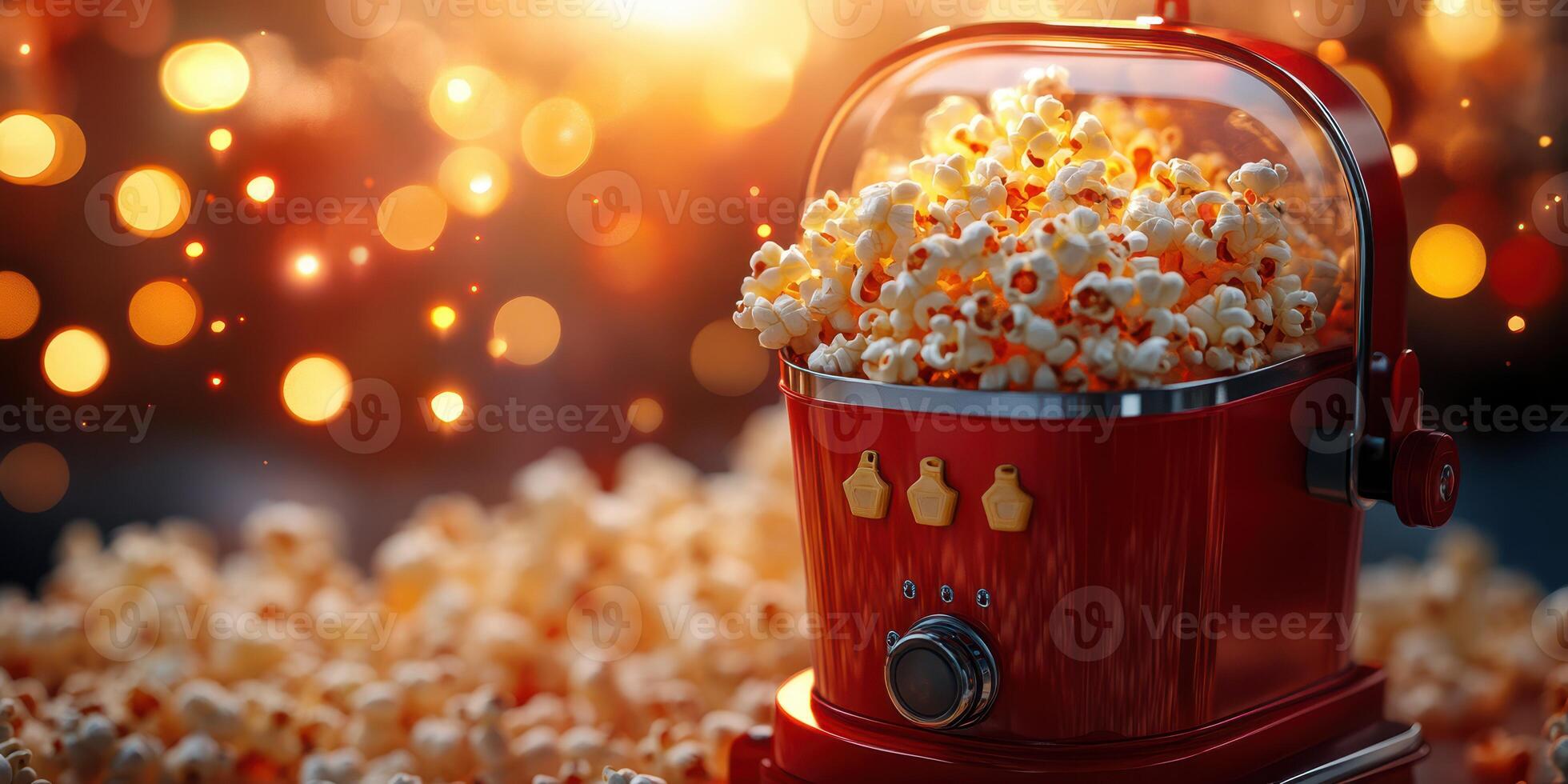 Popcorn machine creates freshly popped snacks amidst a bustling festive atmosphere in an evening setting photo