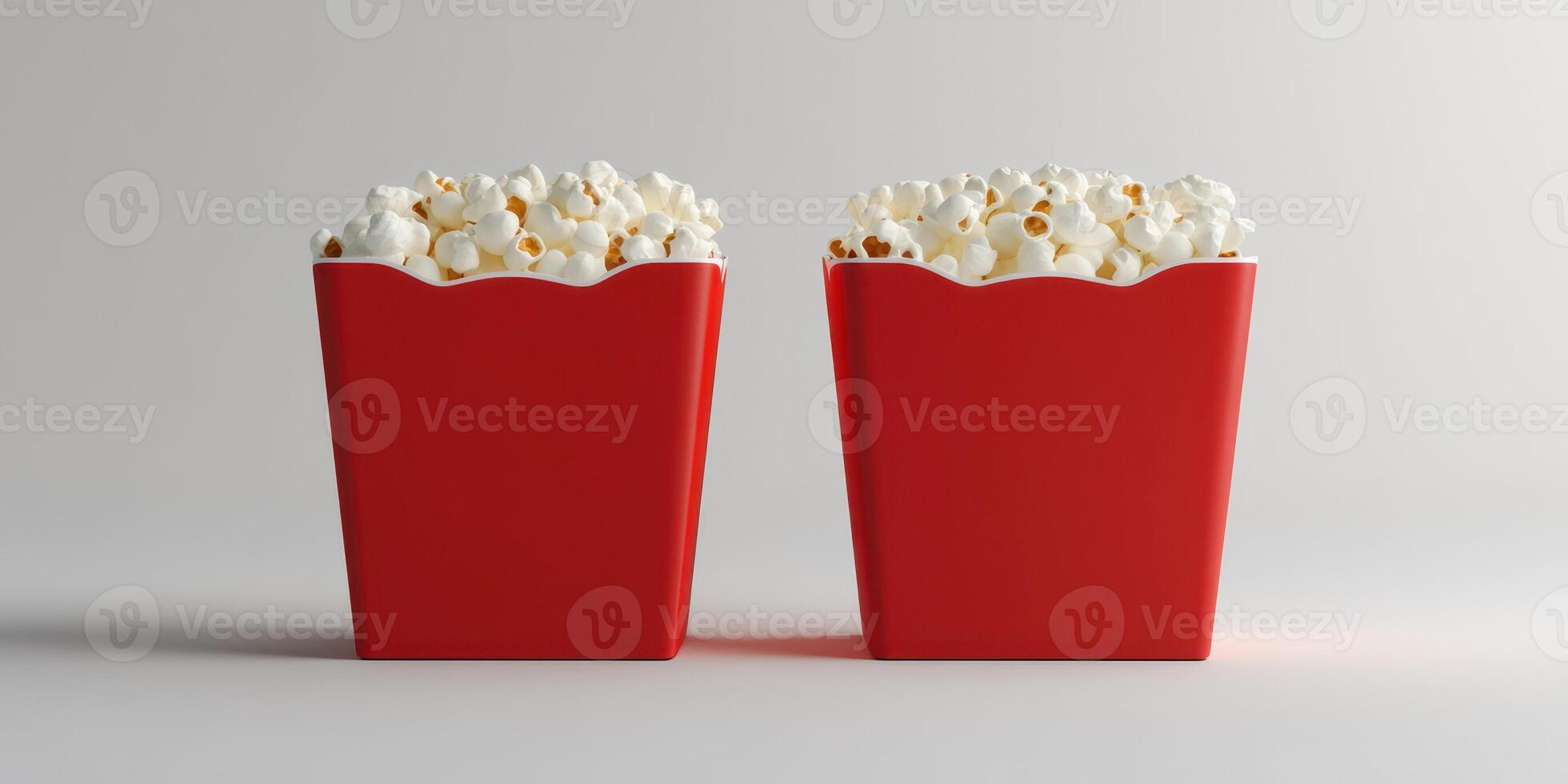 Two red containers filled with freshly popped popcorn arranged side by side on a neutral background photo