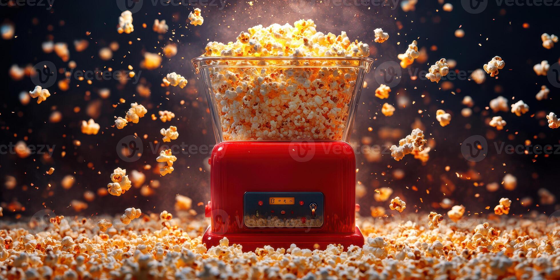 Popcorn machine overflowing with freshly popped corn, creating a delightful spectacle in a vibrant kitchen setting photo