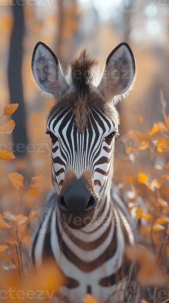 Zebra gazes quietly amidst autumn leaves in a serene forest setting during late afternoon photo