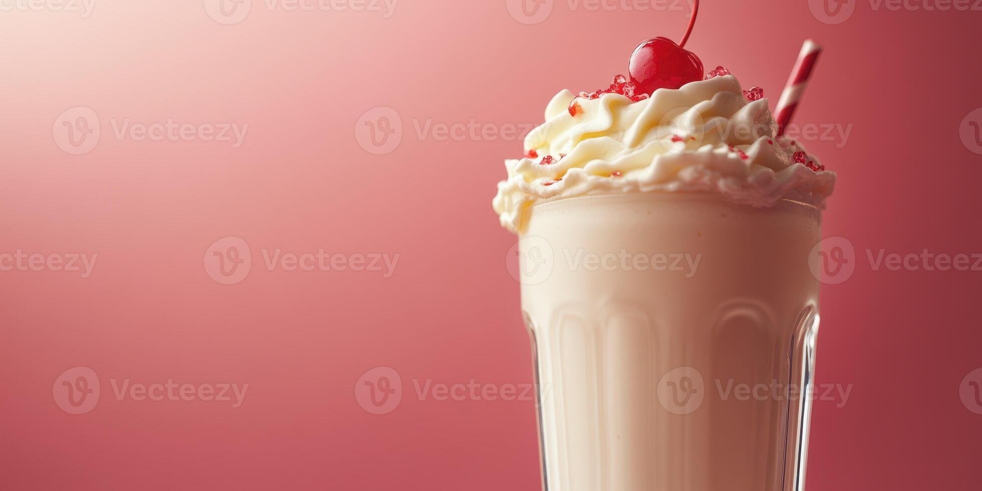 Creamy milkshake topped with whipped cream and cherry in a pink background setting photo
