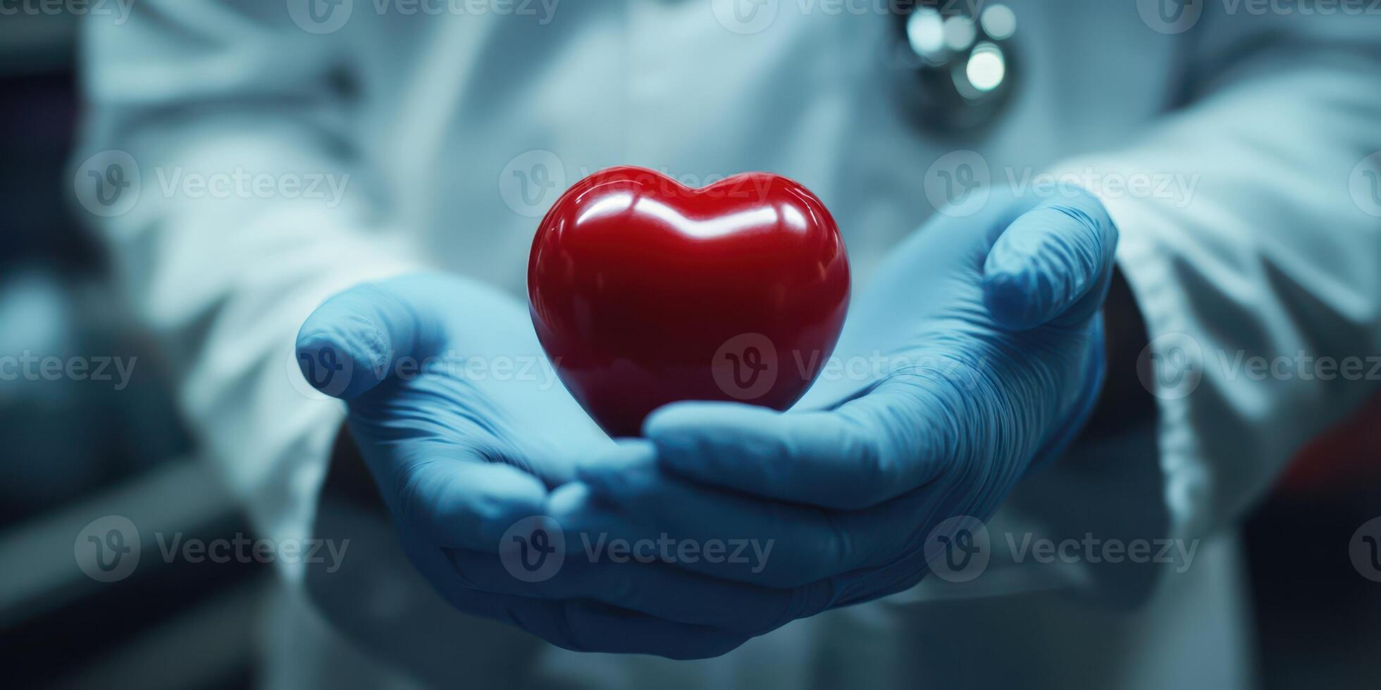 Healthcare professional holds a red heart symbol in gloved hands during a medical demonstration in a clinical setting photo