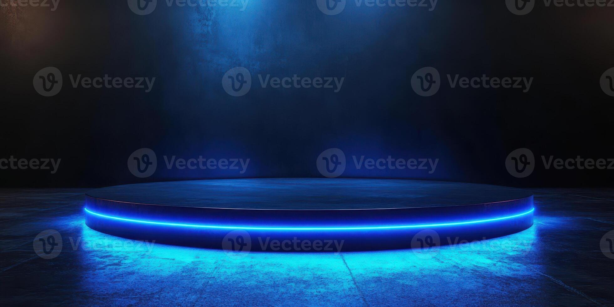 Circular stage with blue lighting in dark atmosphere for performances or events photo