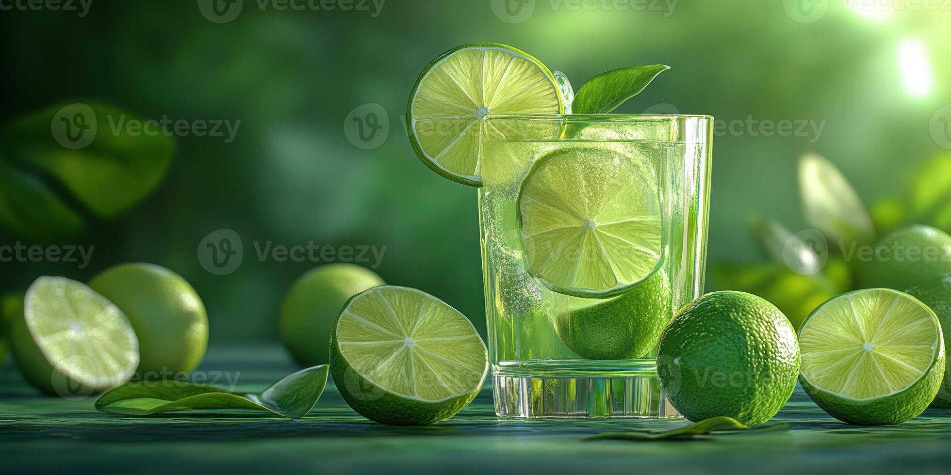 Refreshing lime drink garnished with fresh slices and surrounded by whole limes on a vibrant green background photo