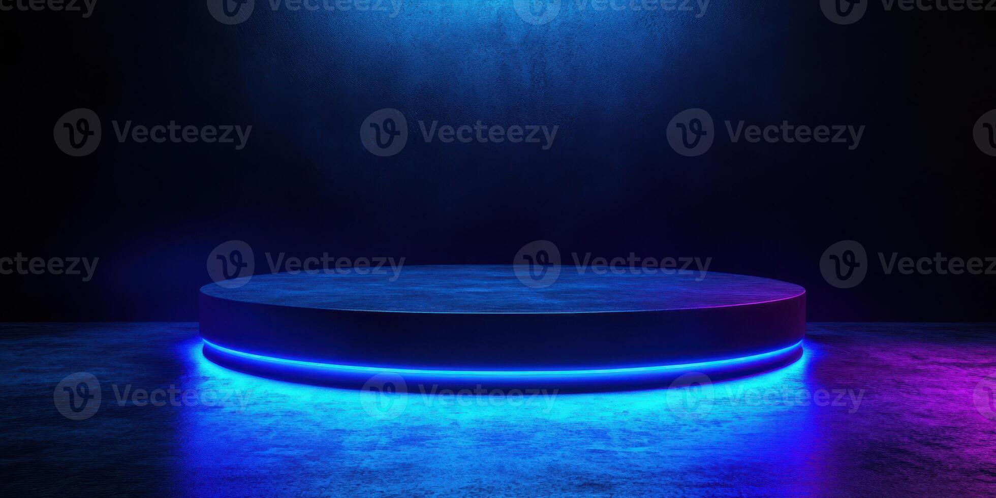 Circular stage illuminated by vibrant blue and purple lights in dark environment at night photo