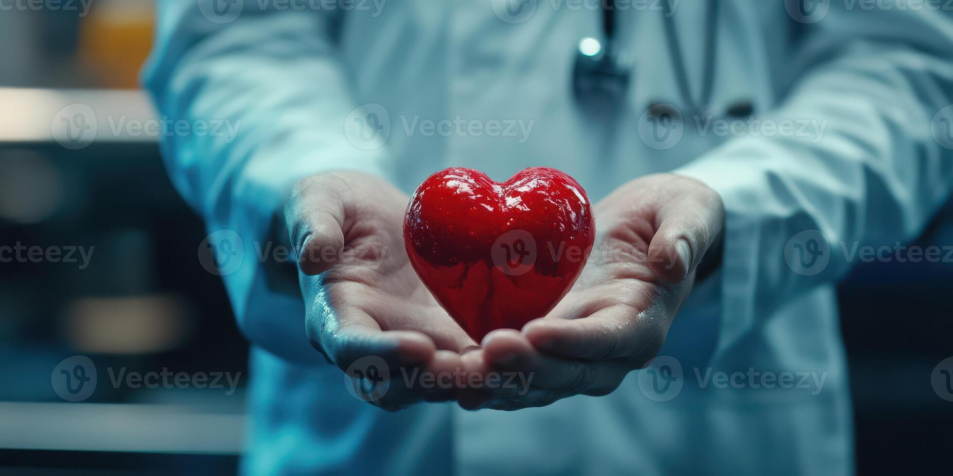 Scientist holds a red heart in hands during medical research in a laboratory setting photo