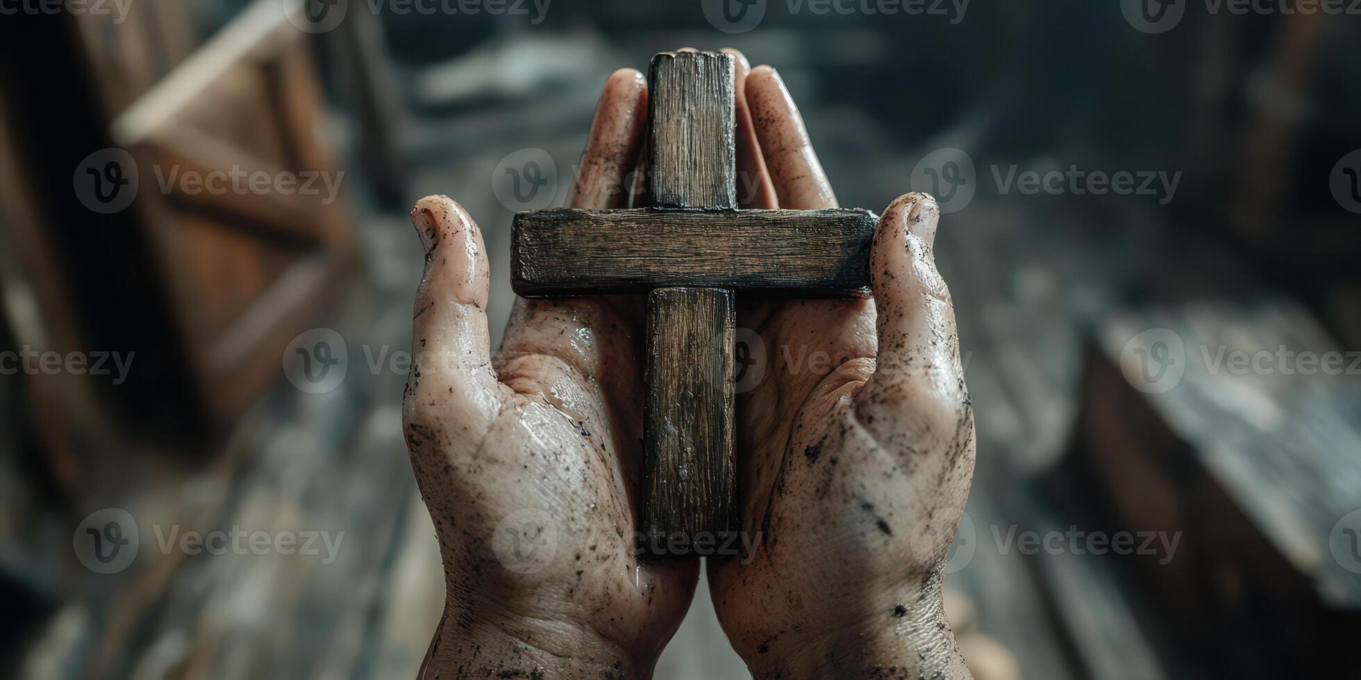 Hands holding a weathered wooden cross in a dimly lit, rustic environment with a sense of reverence and spirituality photo