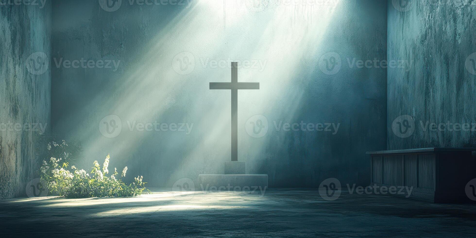 Light streams through a dimly lit room featuring a cross and a small patch of greenery in a serene setting photo