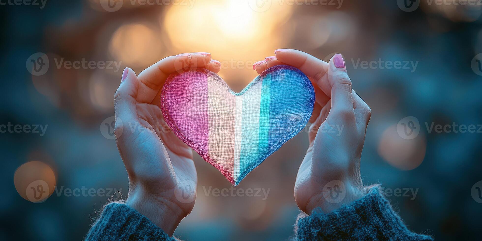 Hands holding a heart-shaped fabric in trans pride colors during a beautiful sunset in an outdoor setting photo