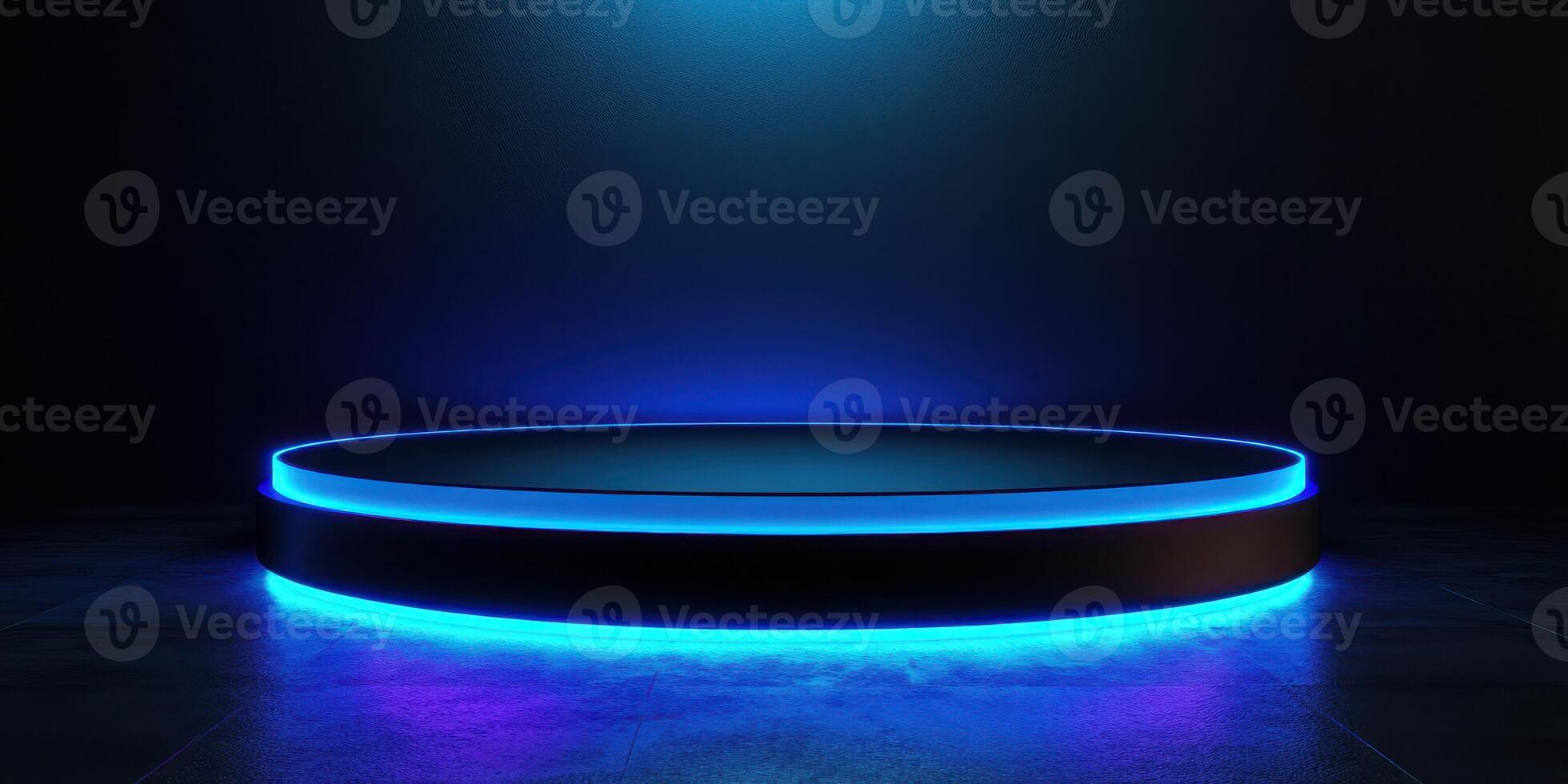 Illuminated stage with blue neon lights in a dark environment, perfect for performances and presentations photo