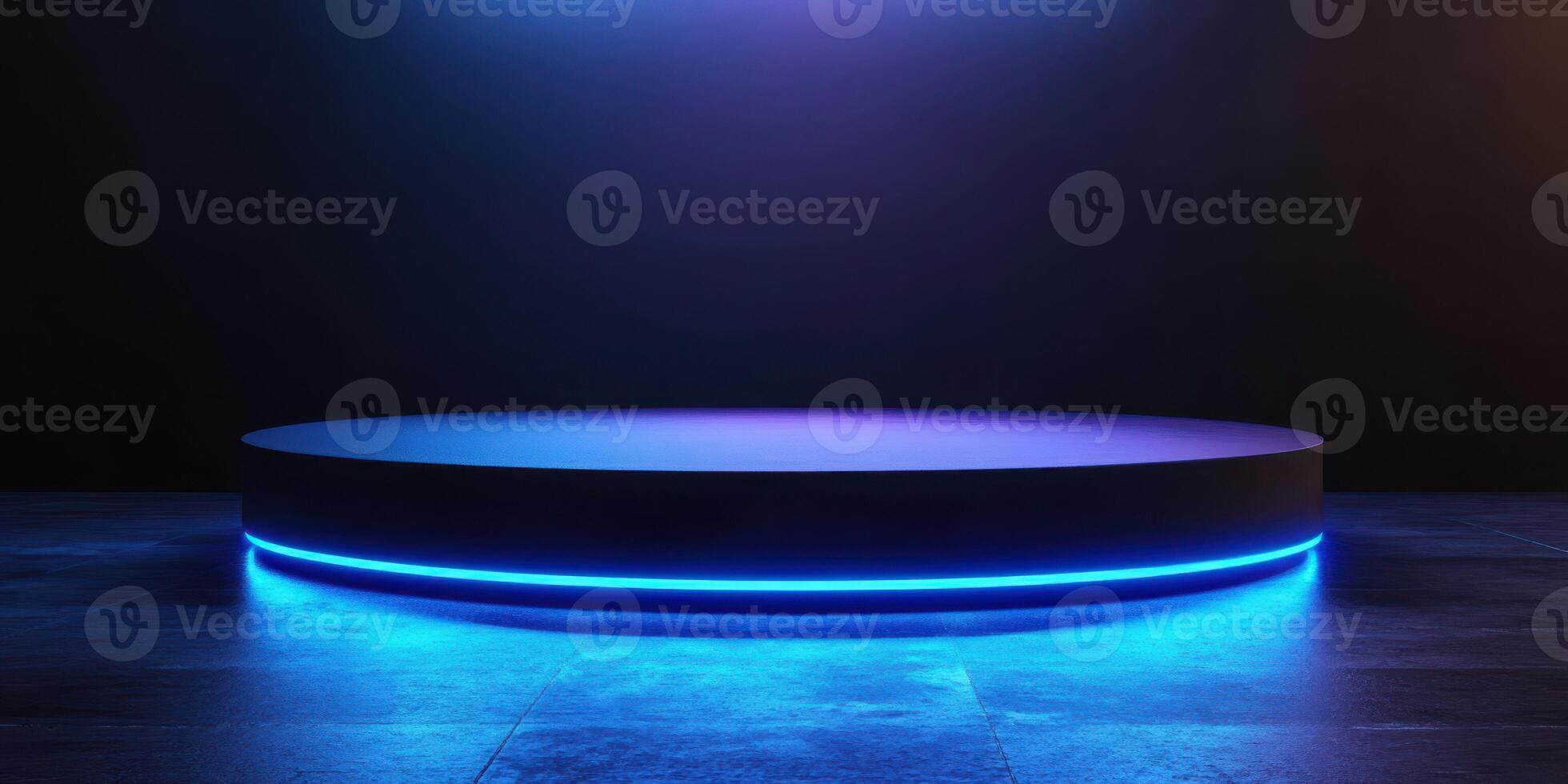Minimalistic stage setup with blue lighting creating an atmospheric backdrop for performances or presentations photo