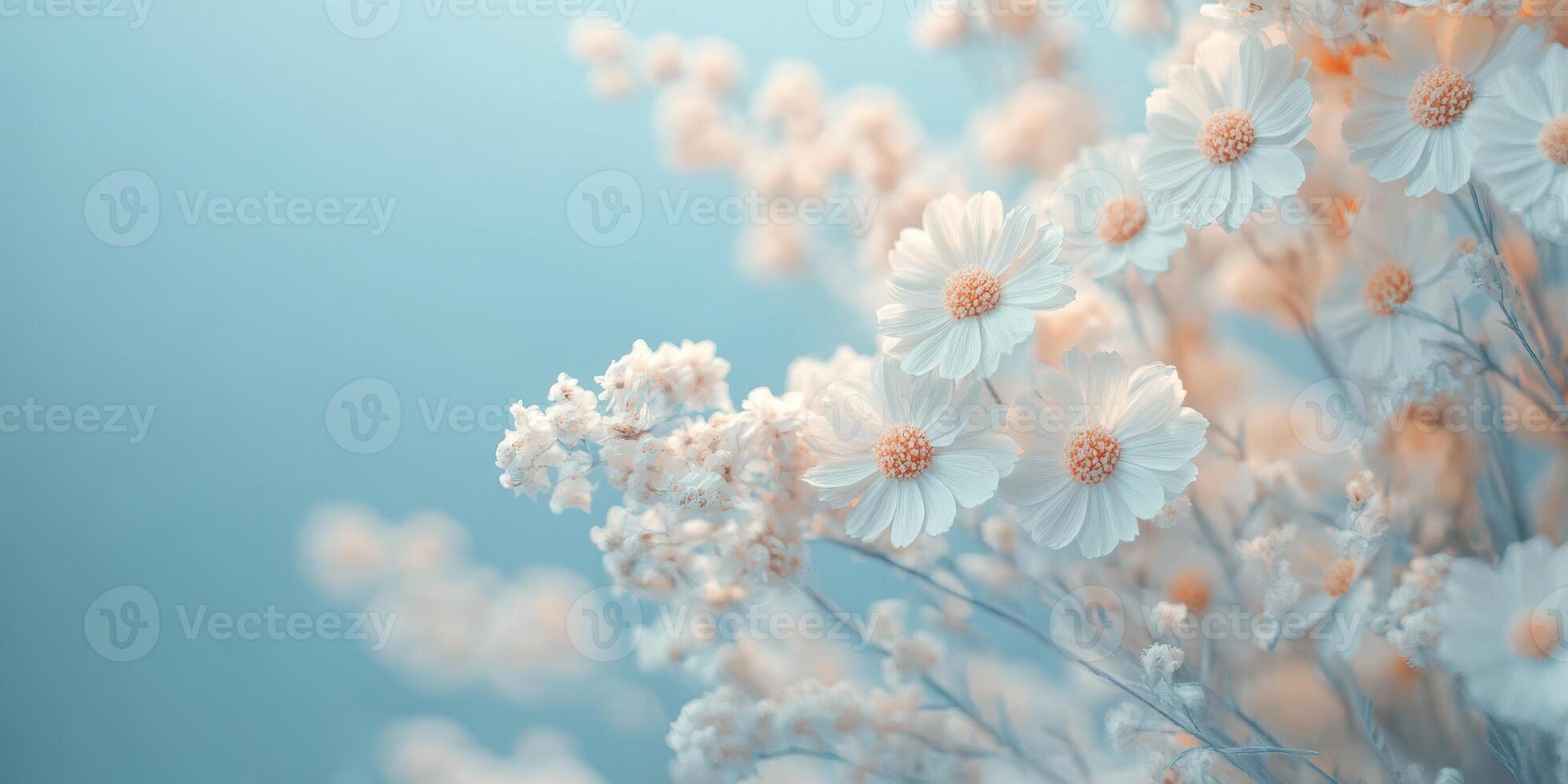 Delicate white flowers with soft blue background in serene botanical arrangement photo