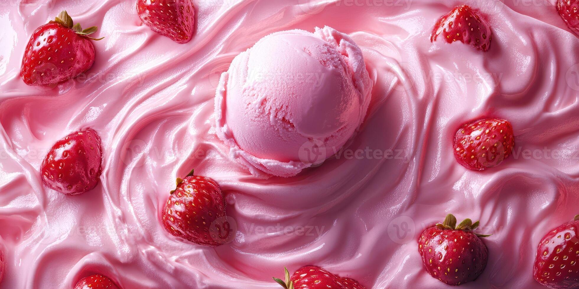 Soft serve strawberry ice cream swirled with fresh strawberries on a pastel pink background photo