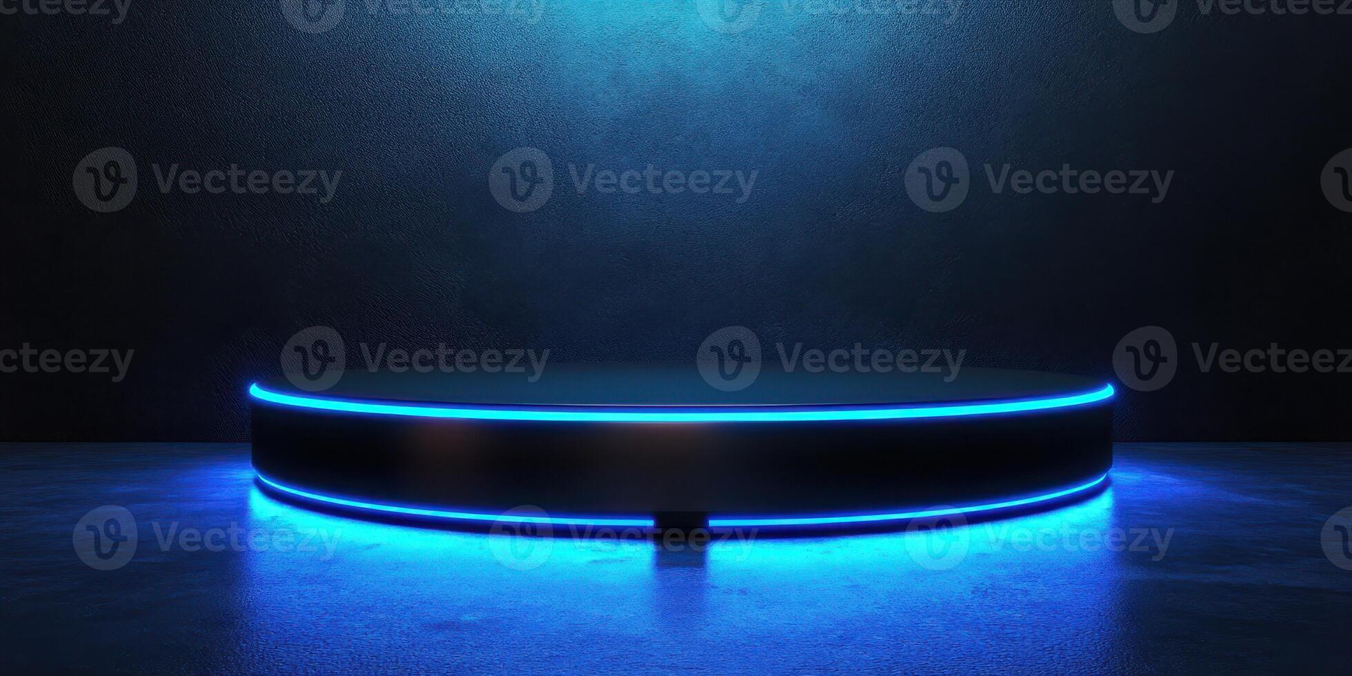 Elevated platform with blue neon lighting in a dark environment during nighttime photo