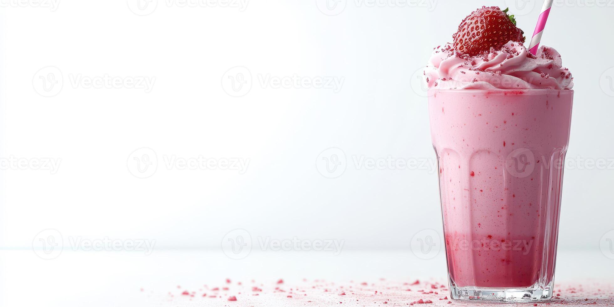 Delightful creamy strawberry milkshake topped with whipped cream and fresh fruit photo