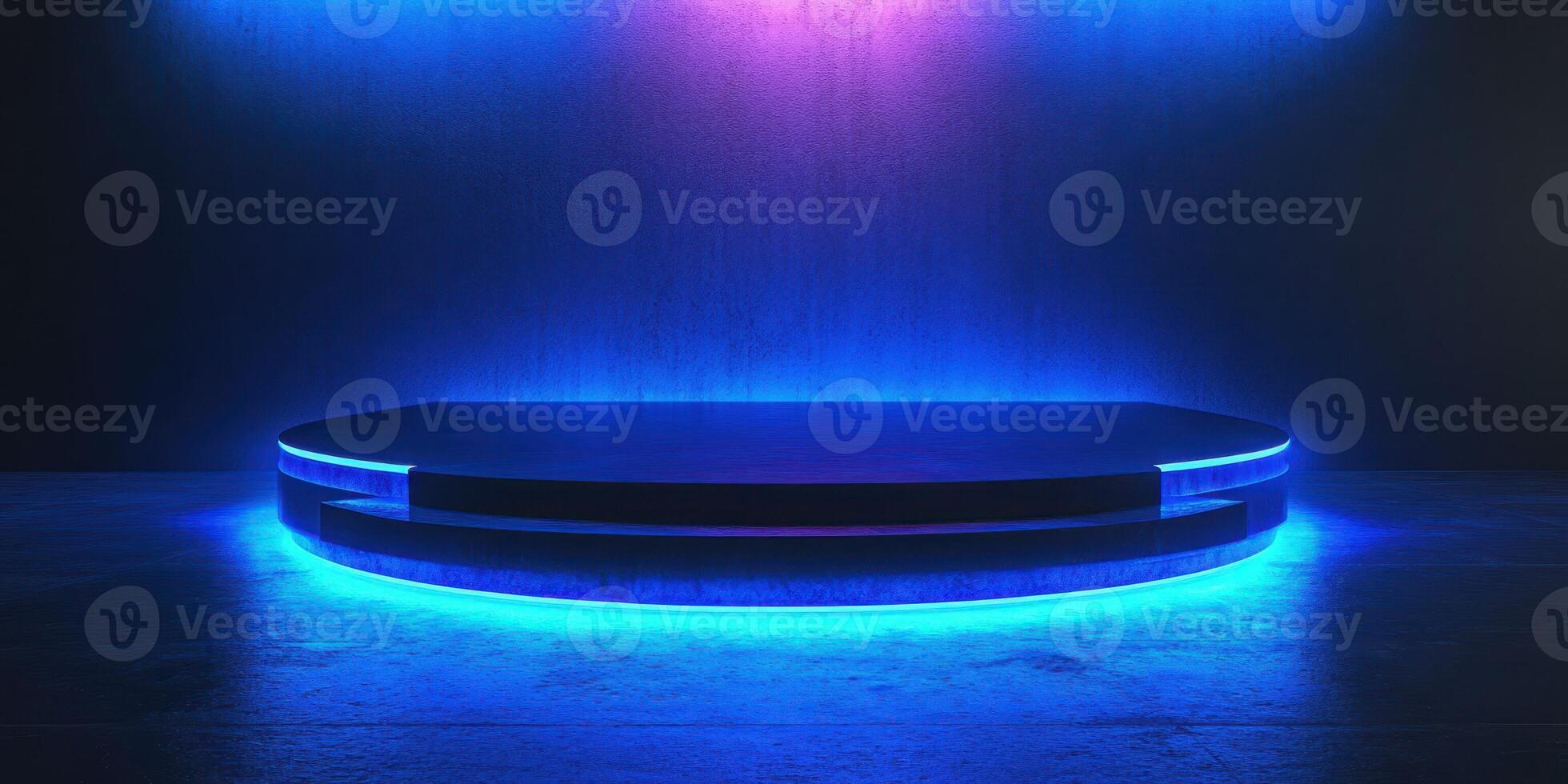 Modern illuminated stage with blue neon lights set in dimly lit atmosphere for performances and entertainment events photo