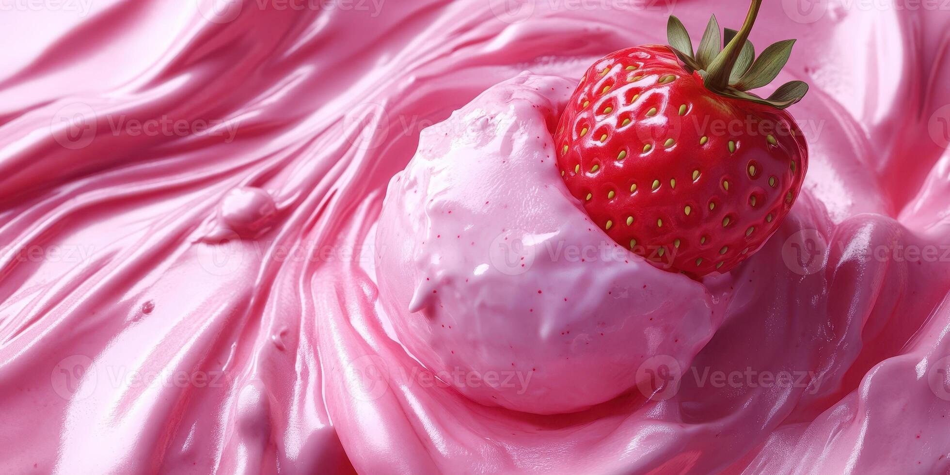 Creamy strawberry ice cream topped with fresh strawberry in a swirl of pink cream photo