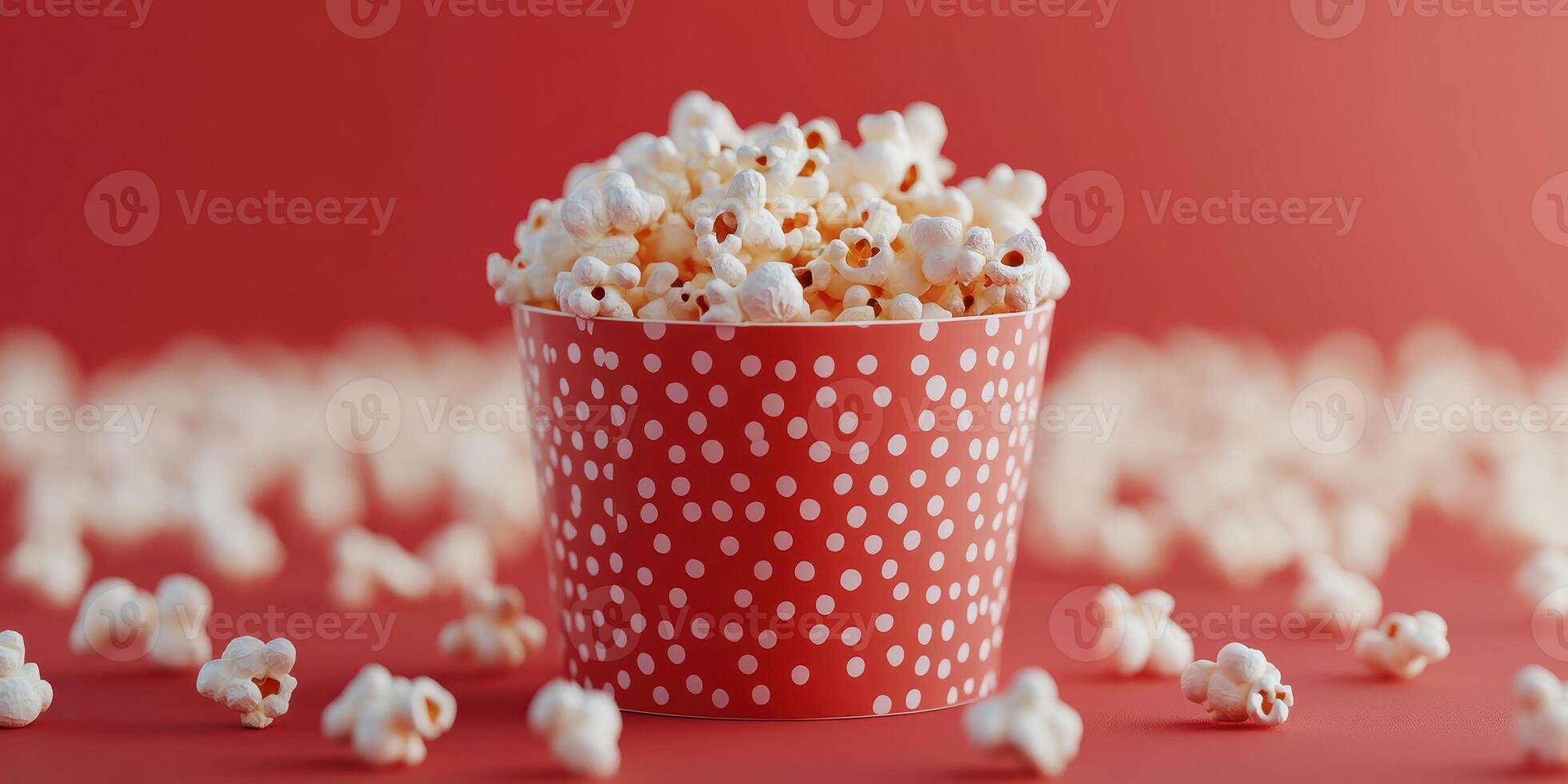 Freshly popped popcorn in a red polka dot container surrounded by scattered kernels photo