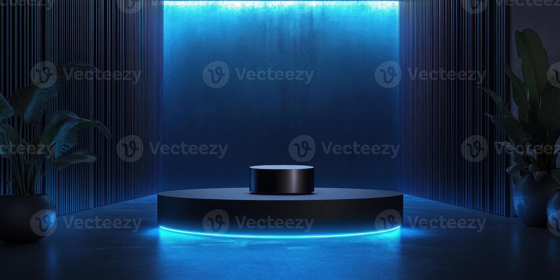 Modern exhibition space with blue lighting and minimalistic design features in an urban setting photo