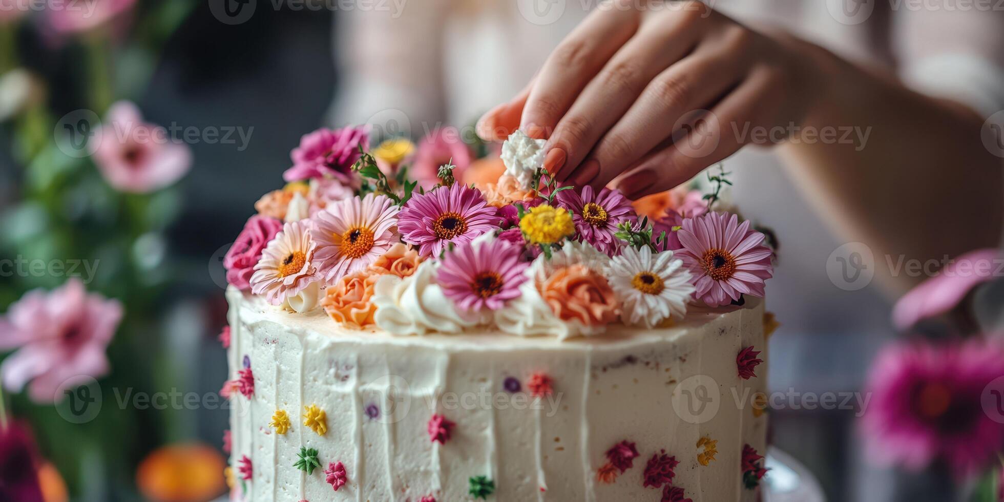 Decorated cake with colorful flowers being adorned in a cozy kitchen setting during springtime photo