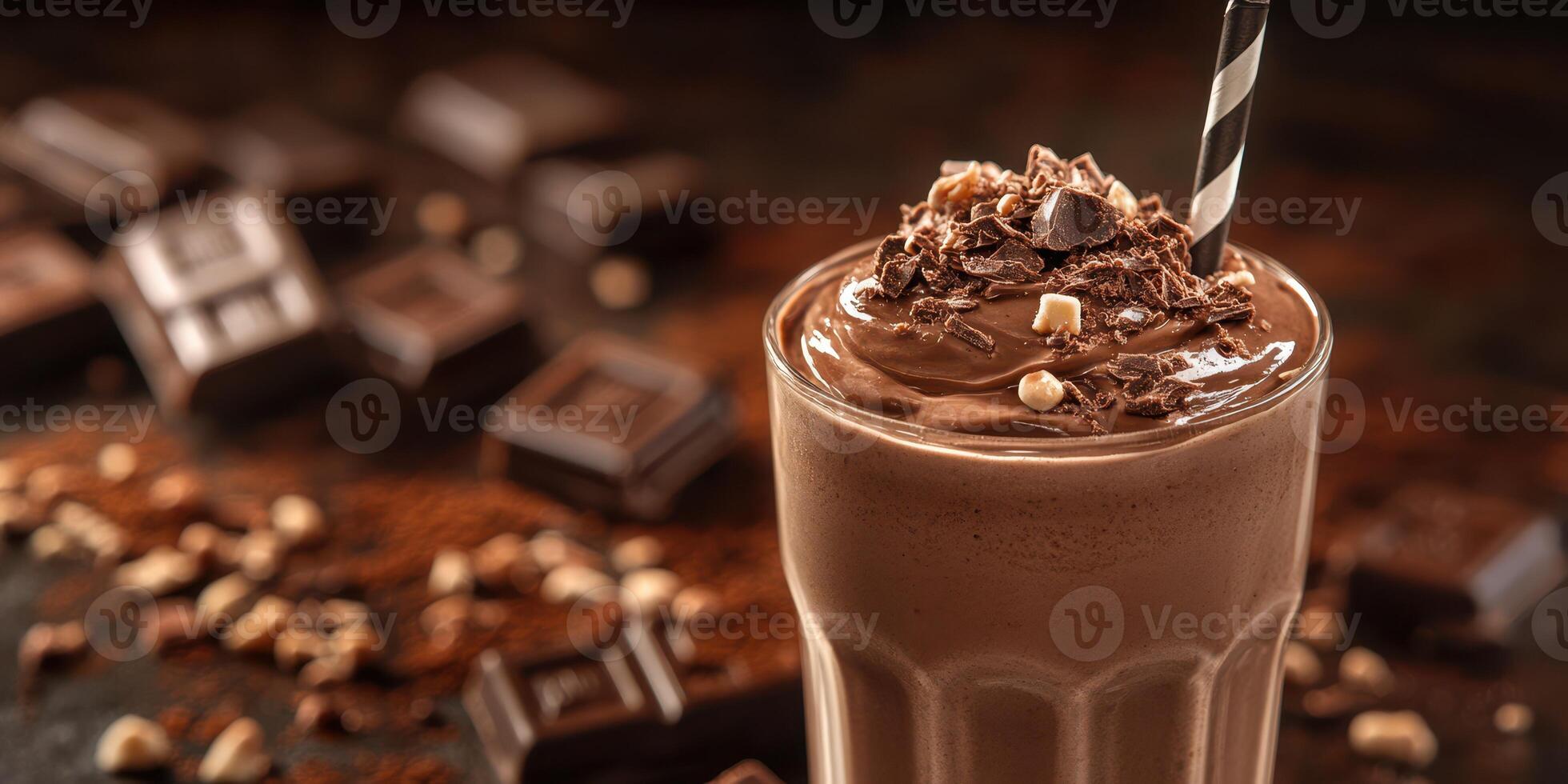 Indulgent chocolate shake topped with shaved chocolate and nuts in a cozy setting photo