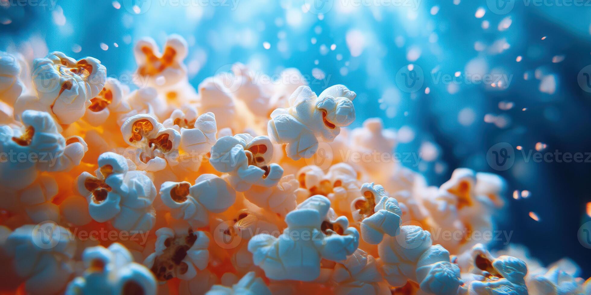 Popcorn floating in blue water creating a vibrant underwater atmosphere with bubbles and a whimsical look photo