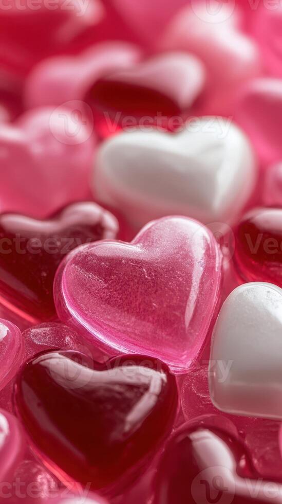Colorful heart-shaped gems scattered on a vibrant pink background create a playful, romantic atmosphere for celebrations photo