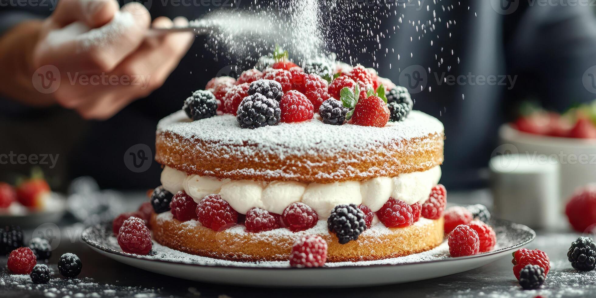 Delicious cake being decorated with powdered sugar and fresh berries in a cozy kitchen setting photo