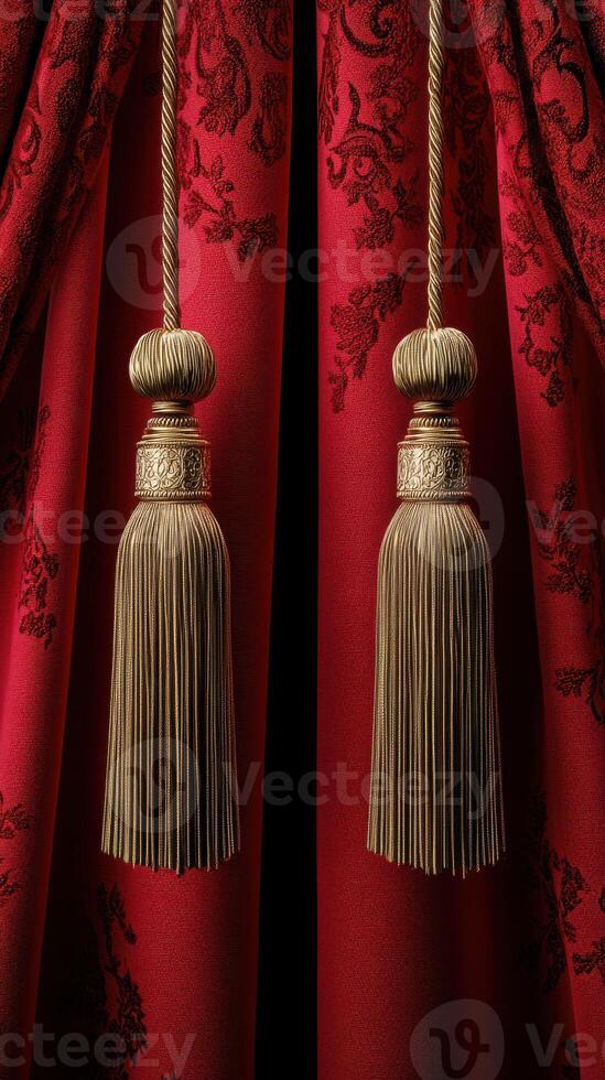 Elegant red curtains with tassels enhancing a luxurious atmosphere in a well-decorated room photo