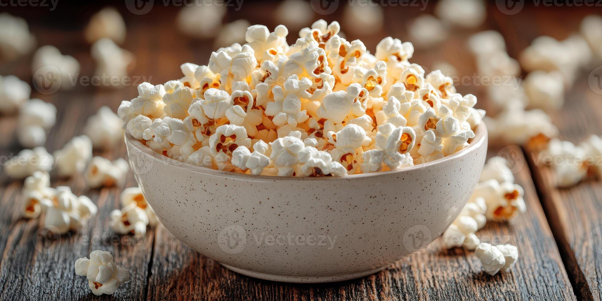 Deliciously fluffy popcorn served in a bowl on a wooden table, perfect for movie night or snacking at home photo