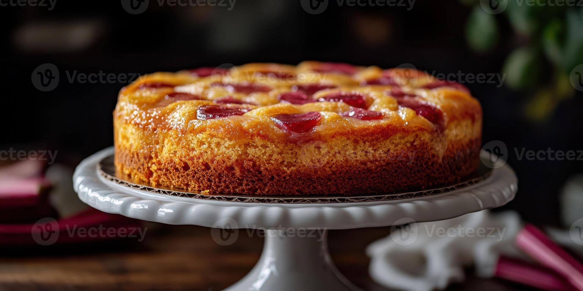 Delicious homemade strawberry upside-down cake displayed on a white cake stand during an afternoon gathering photo