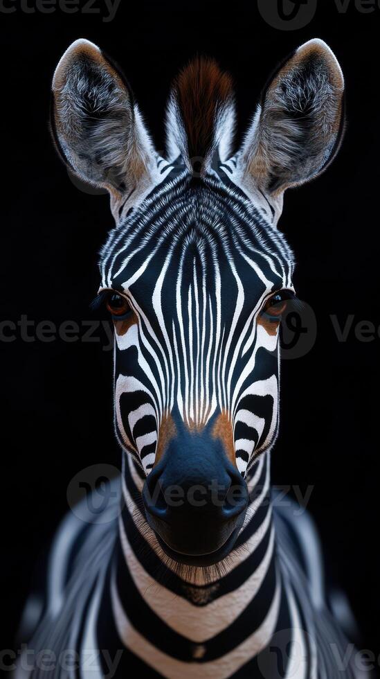 Majestic zebra gazing directly at the viewer against a dark background in a captivating exhibit photo