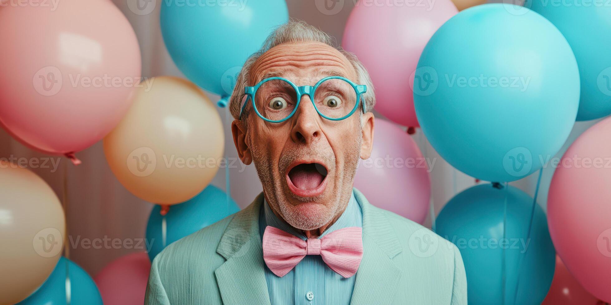 Senior man with colorful balloons expresses surprise at a celebration in a festive setting photo