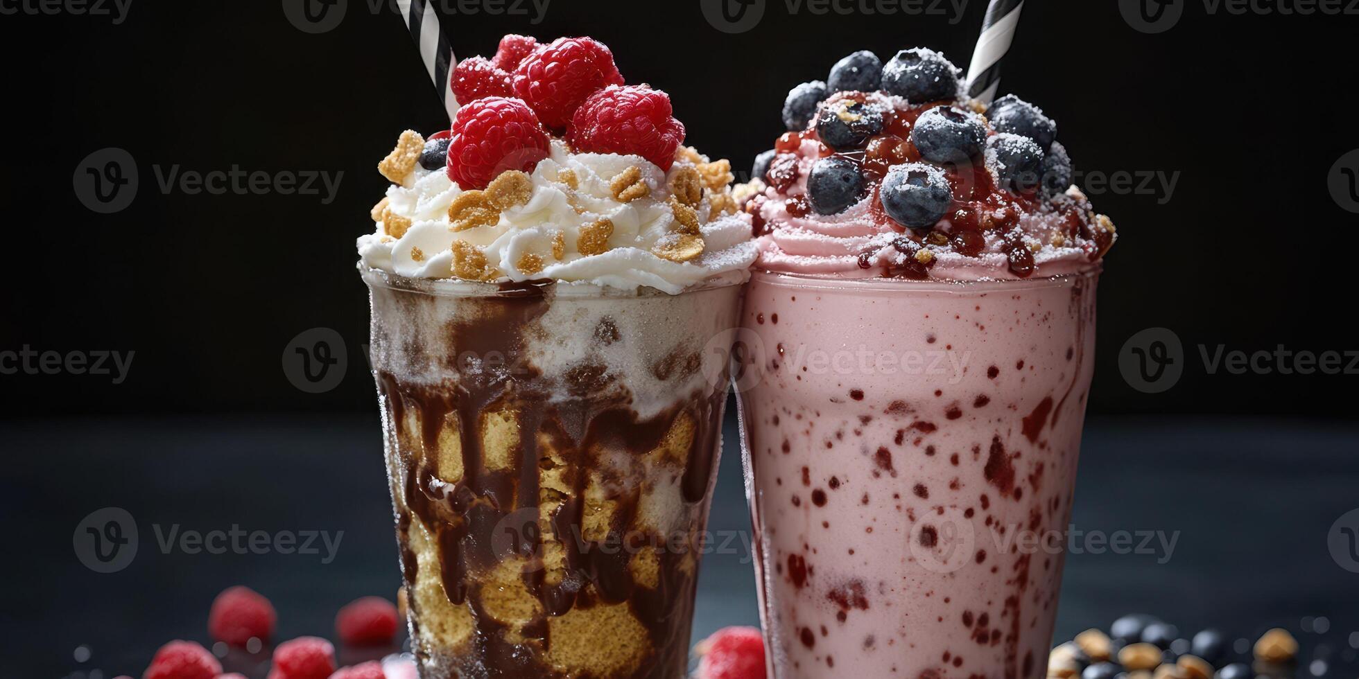 Delicious and colorful milkshakes topped with fruits and whipped cream in a cozy setting photo