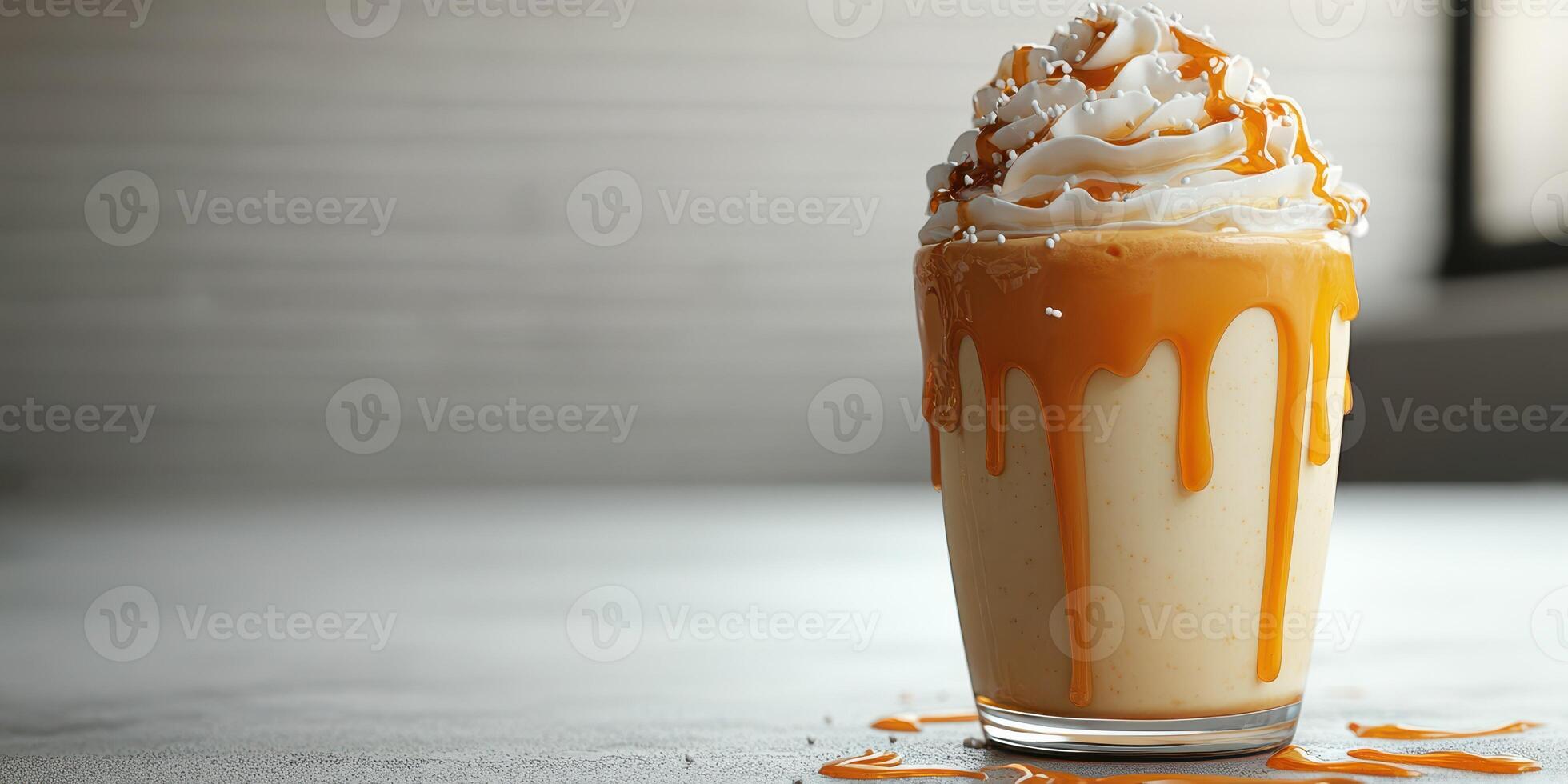 Delicious creamy dessert drink topped with whipped cream and caramel syrup in cozy indoor setting photo
