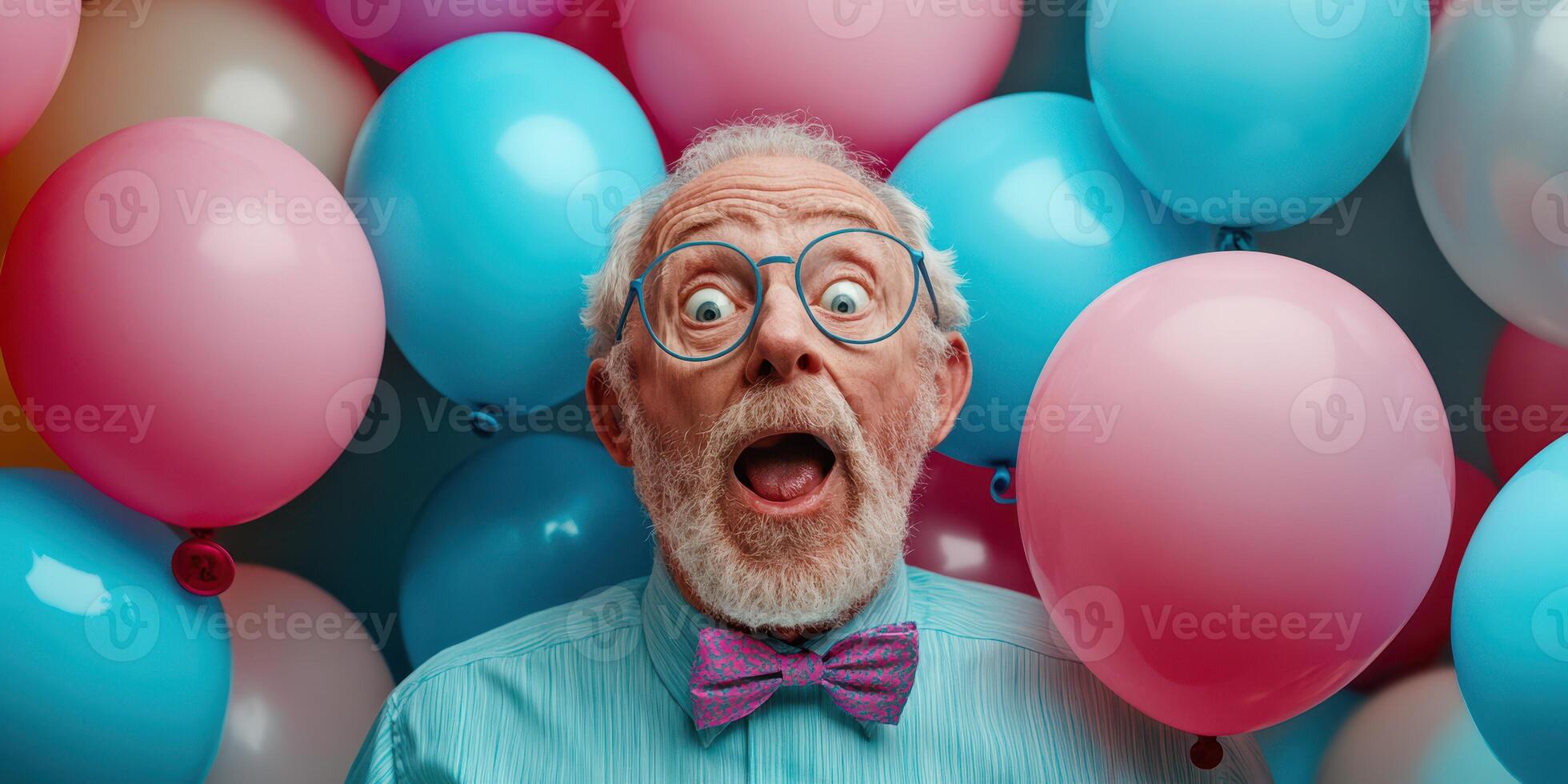Celebrating joyfully with colorful balloons and a cheerful older man at a festive gathering photo
