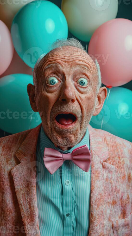 Surprised elderly man with blue eyes and bowtie in front of colorful balloons during a celebration photo