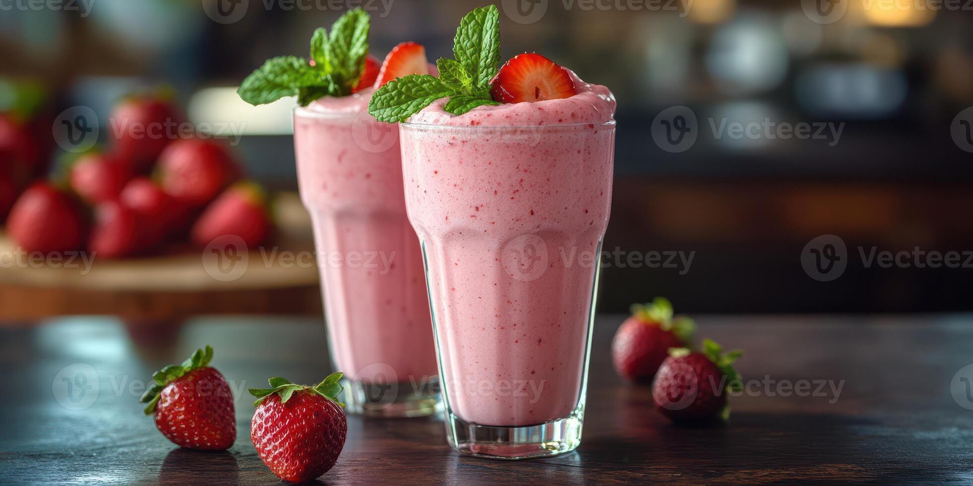 Refreshing strawberry smoothies topped with mint served in tall glasses on a wooden table photo