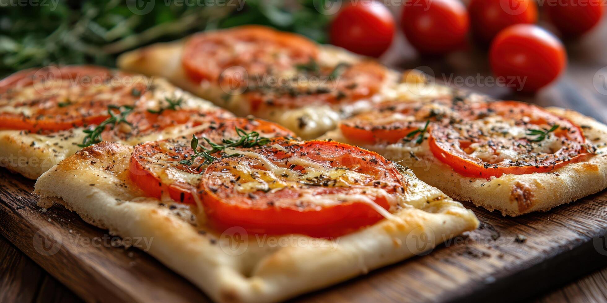 Delicious flatbread topped with fresh tomatoes and herbs served on rustic wooden board photo