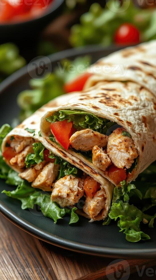 Fresh chicken wrap with vegetables served on a black plate at a casual dining setting photo