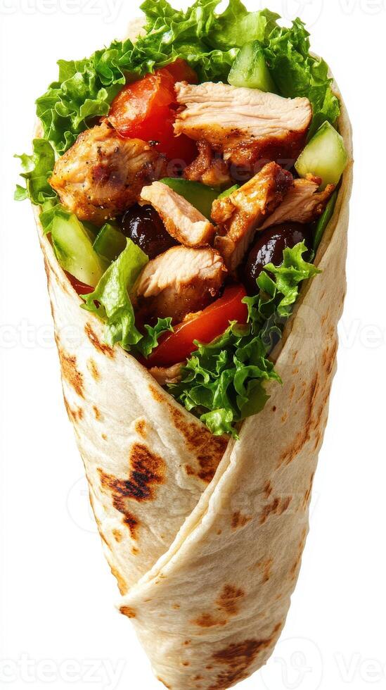 Tasty chicken wrap filled with fresh vegetables and garnished with lettuce on a white background photo
