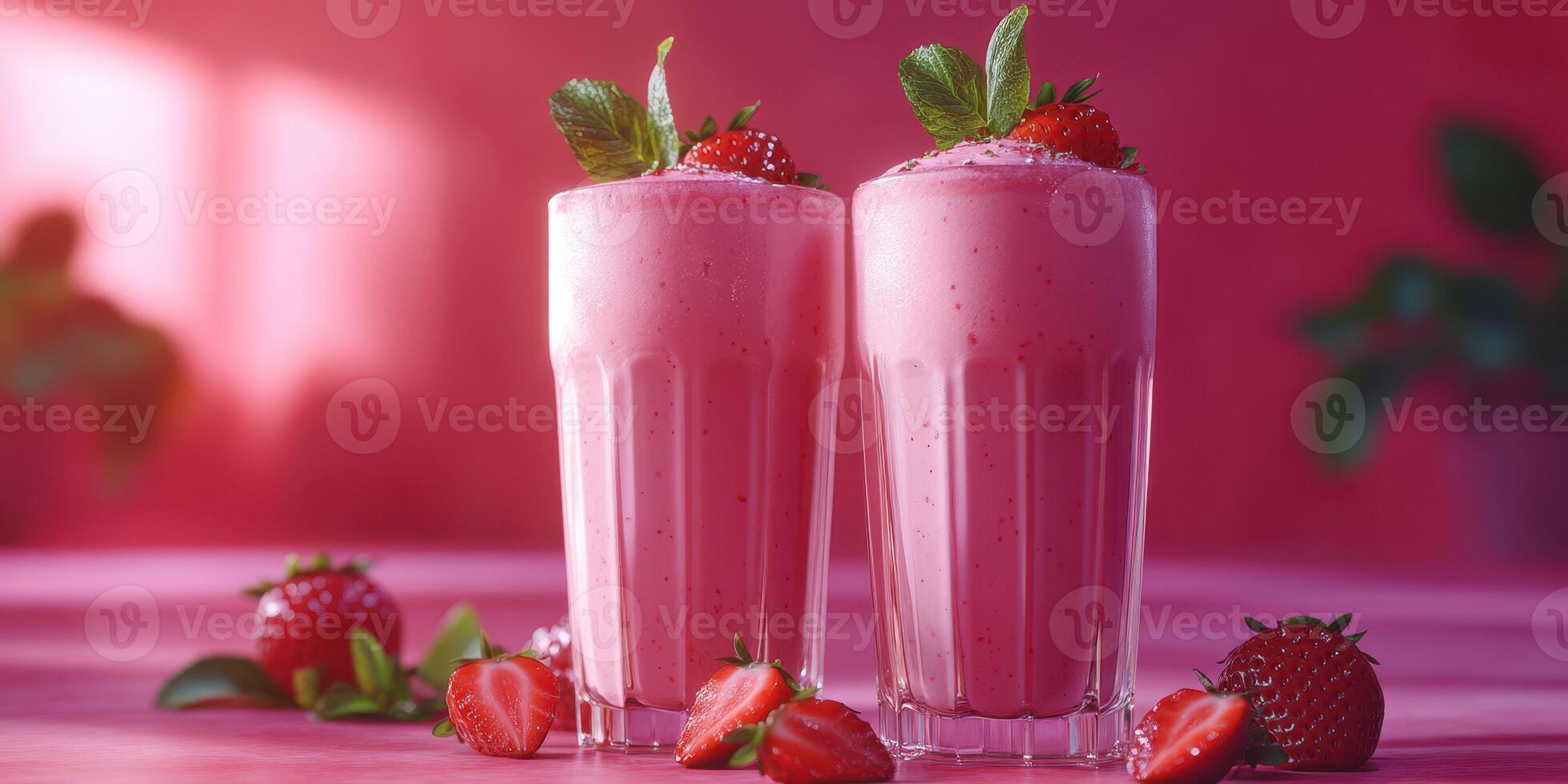 Refreshing strawberry smoothies served in clear glasses with mint on a vibrant pink background during a sunny afternoon photo
