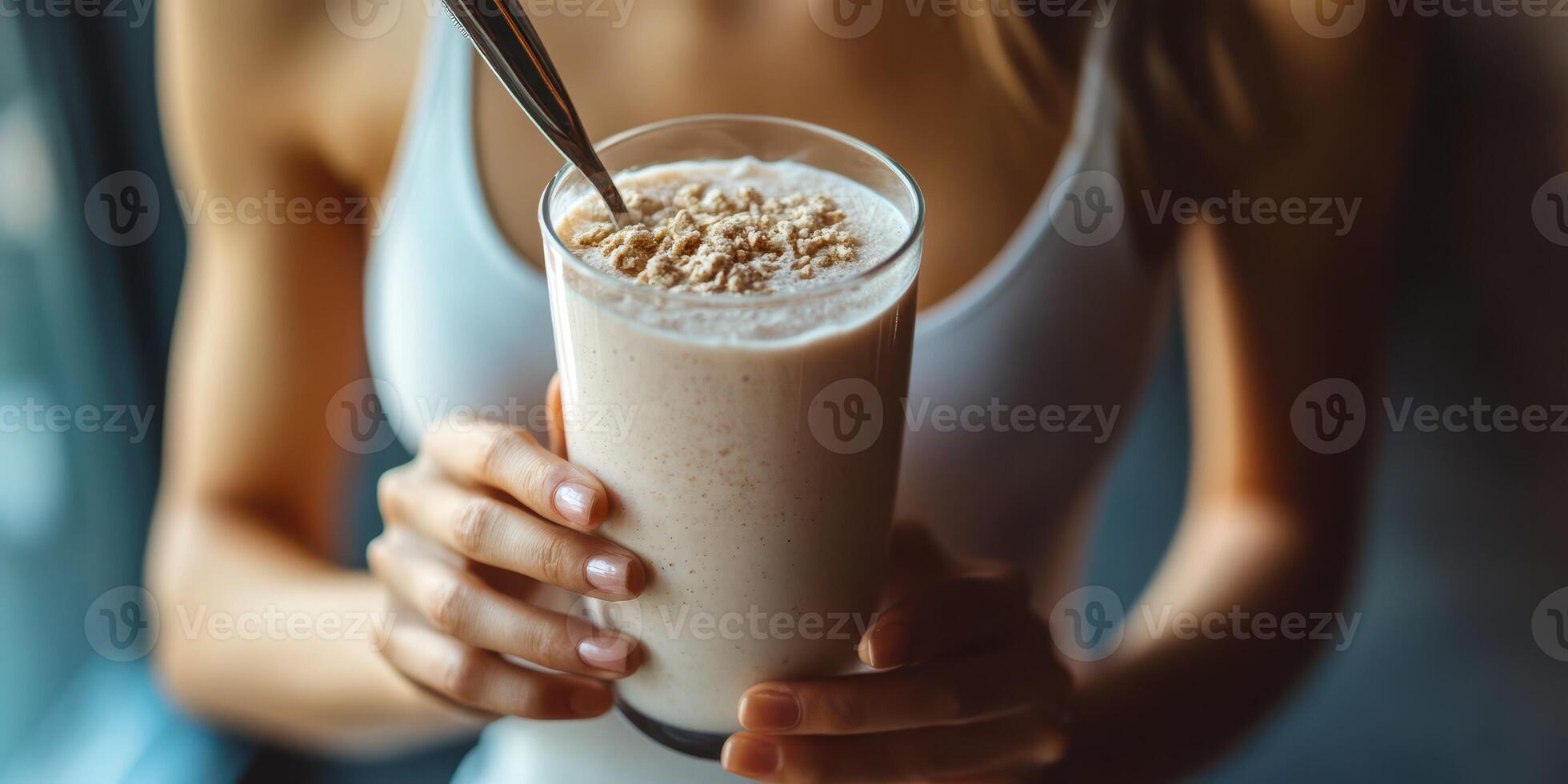 Enjoying a healthy smoothie in a cozy cafe during the afternoon with a focus on the creamy texture and toppings photo