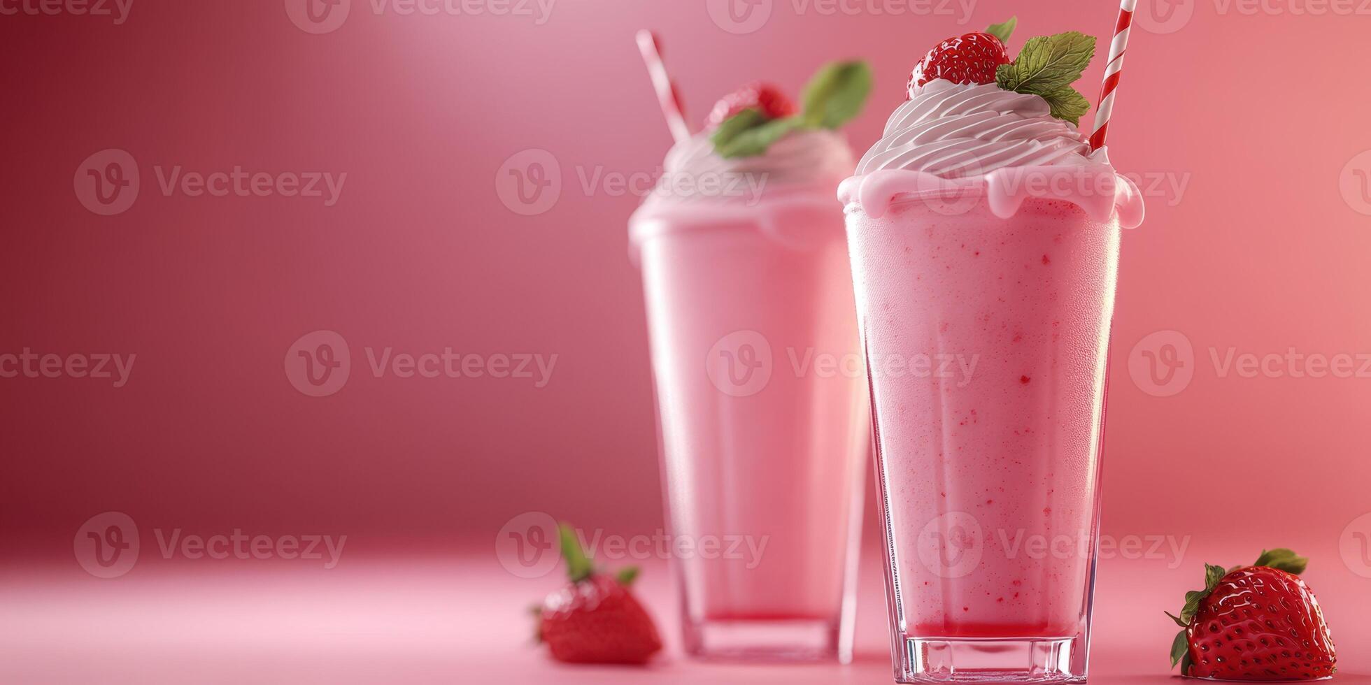 Delicious strawberry milkshakes served with whipped cream and fresh mint garnish on a vibrant pink background photo