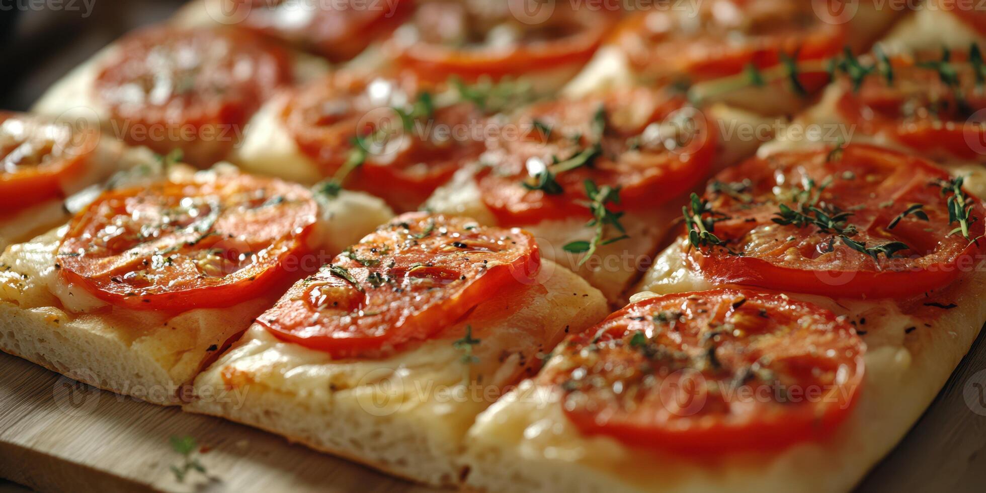 Delicious flatbread topped with fresh tomatoes and herbs ready for serving at a local market photo
