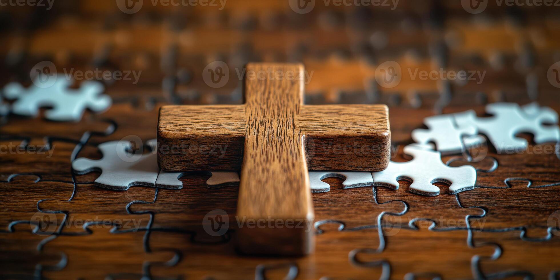 Wooden cross placed on a partially completed jigsaw puzzle representing faith and spirituality challenge photo