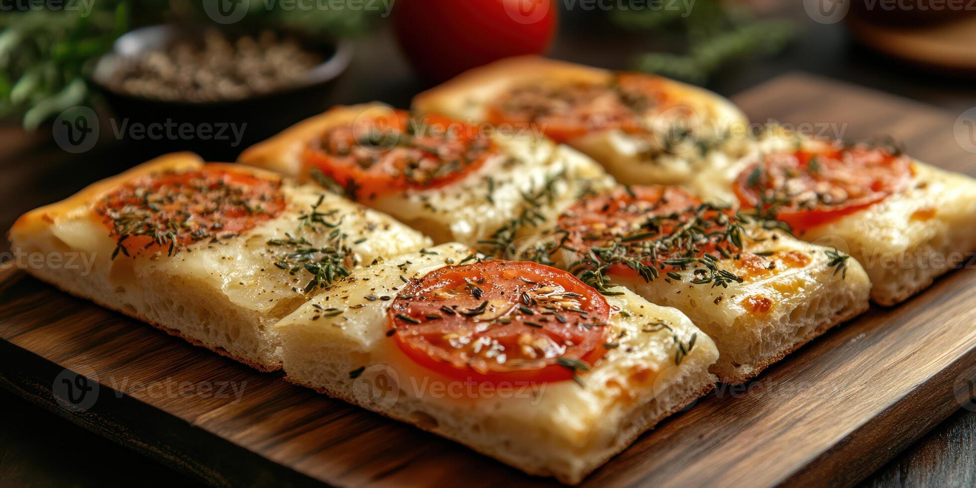 Delicious homemade flatbread topped with fresh tomatoes and herbs displayed on a wooden board photo