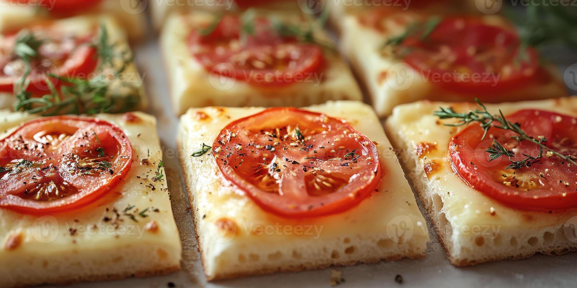 Sliced tray of baked flatbread topped with fresh tomatoes and herbs in a cozy kitchen setting photo