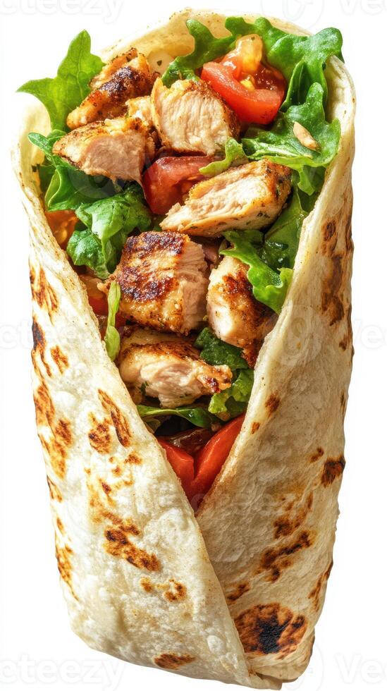 Grilled chicken wrap filled with fresh vegetables and flavorful seasonings ready to be enjoyed for a satisfying meal photo